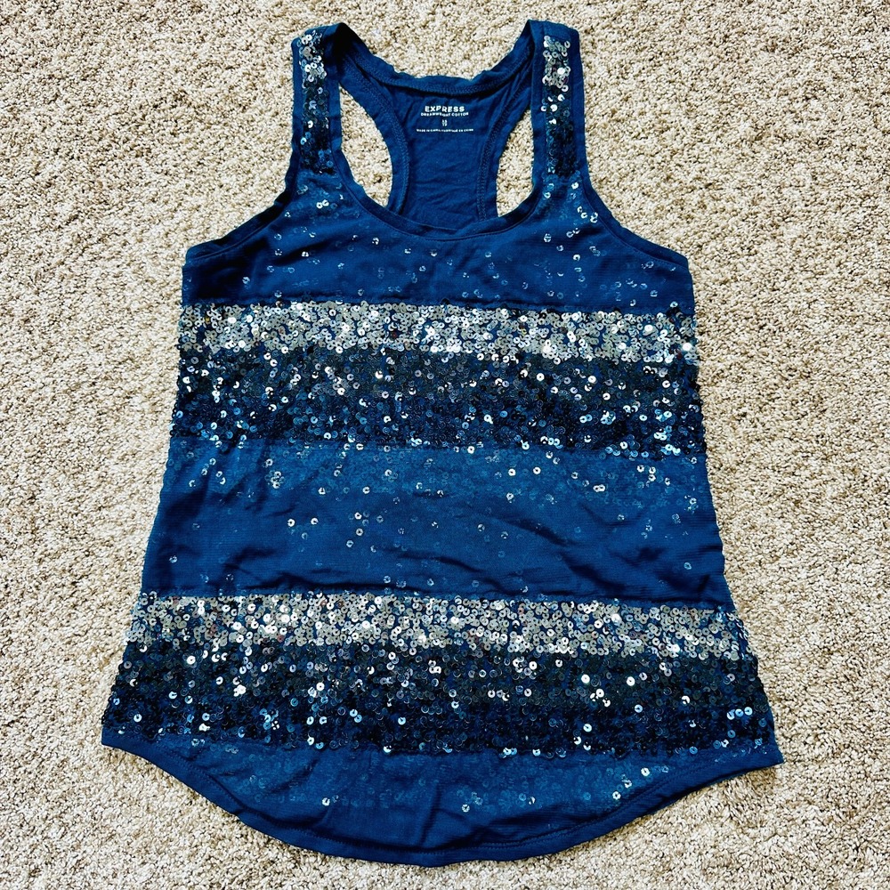 Express Sequin Tank Top Women's XS Blue Ombre Embellished Sleeveless Y2K Party